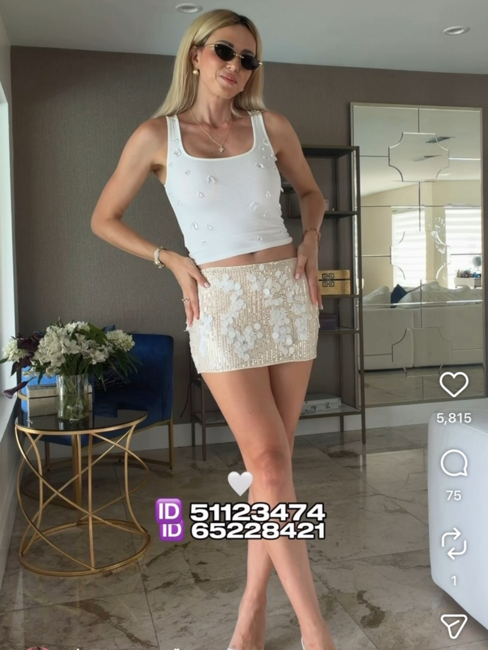 White Embellished Tank Top & Sequin Floral Mini Skirt Set, dress and beach pants